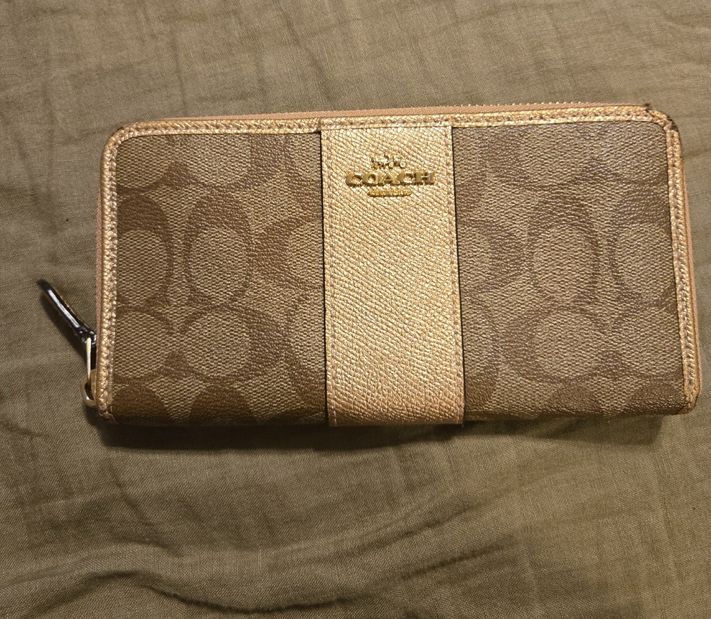 Coach Signature Brown and Gold Zip Wallet